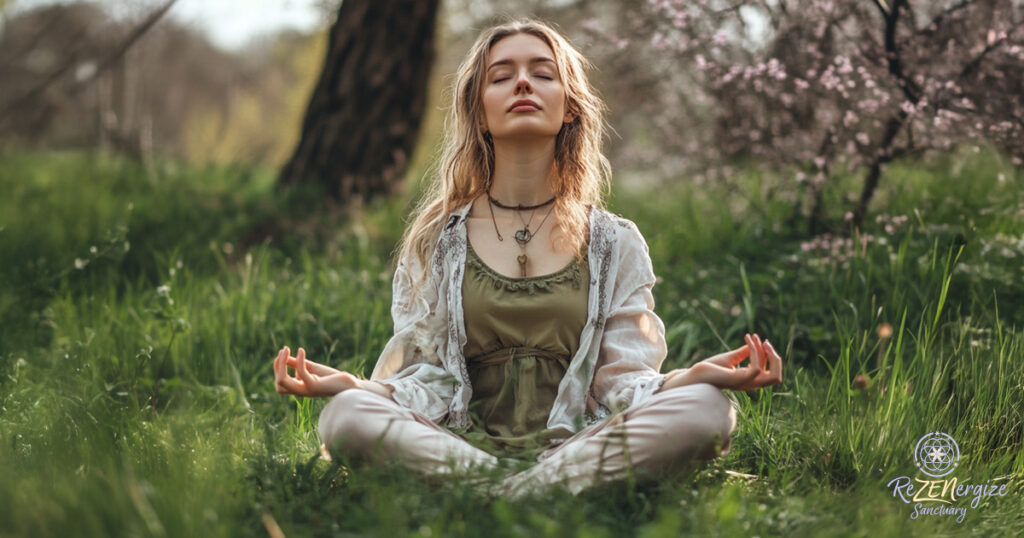 Blonde Woman Meditating in Field as part of Everyday Wellness